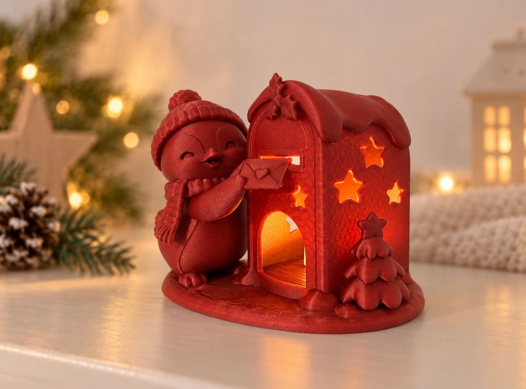 Kerstbrievenbus met pinguïn – voor LED-theelichtje