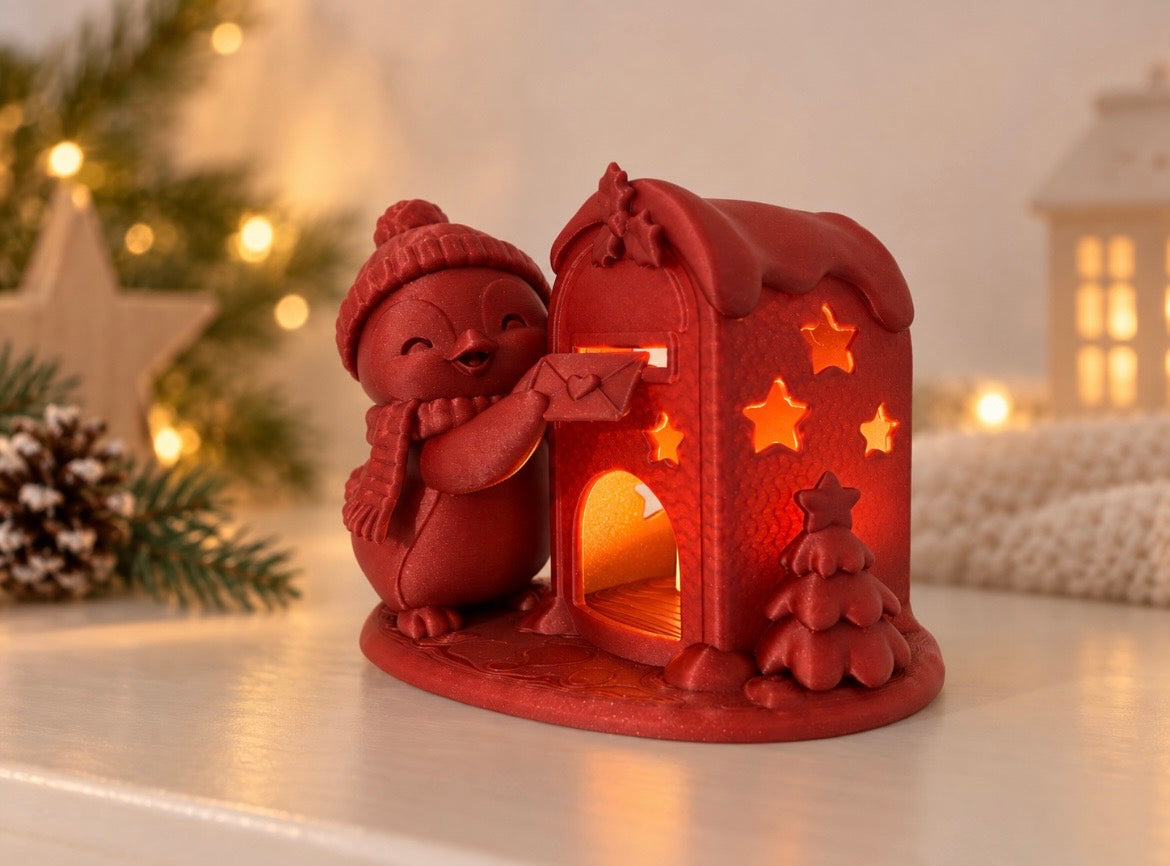 Kerstbrievenbus met pinguïn – voor LED-theelichtje