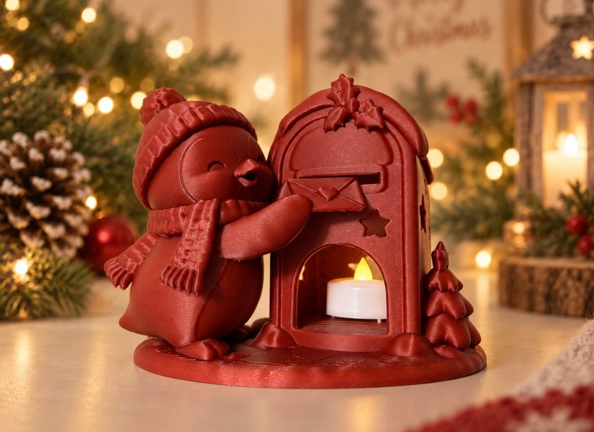 Kerstbrievenbus met pinguïn – voor LED-theelichtje